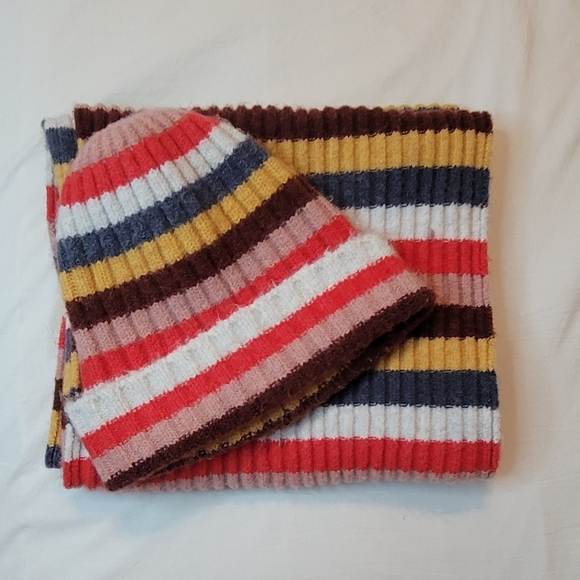 SET- Madewell Carousel Stripe Knit Wool Blend Hat Beanie and Scarf Merino Alpaca - Picture 11 of 13